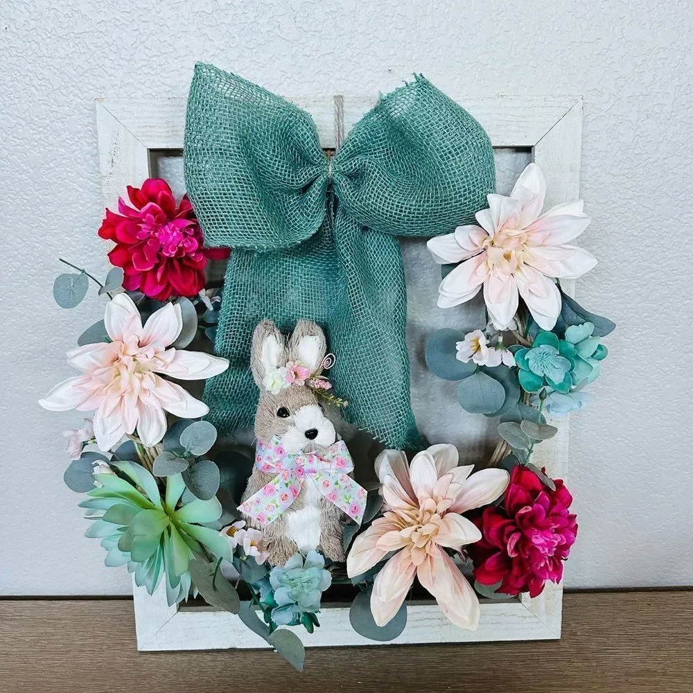 Easter Bunny Spring Farmhouse Floral Rustic Wooden Wreath Wall Decor